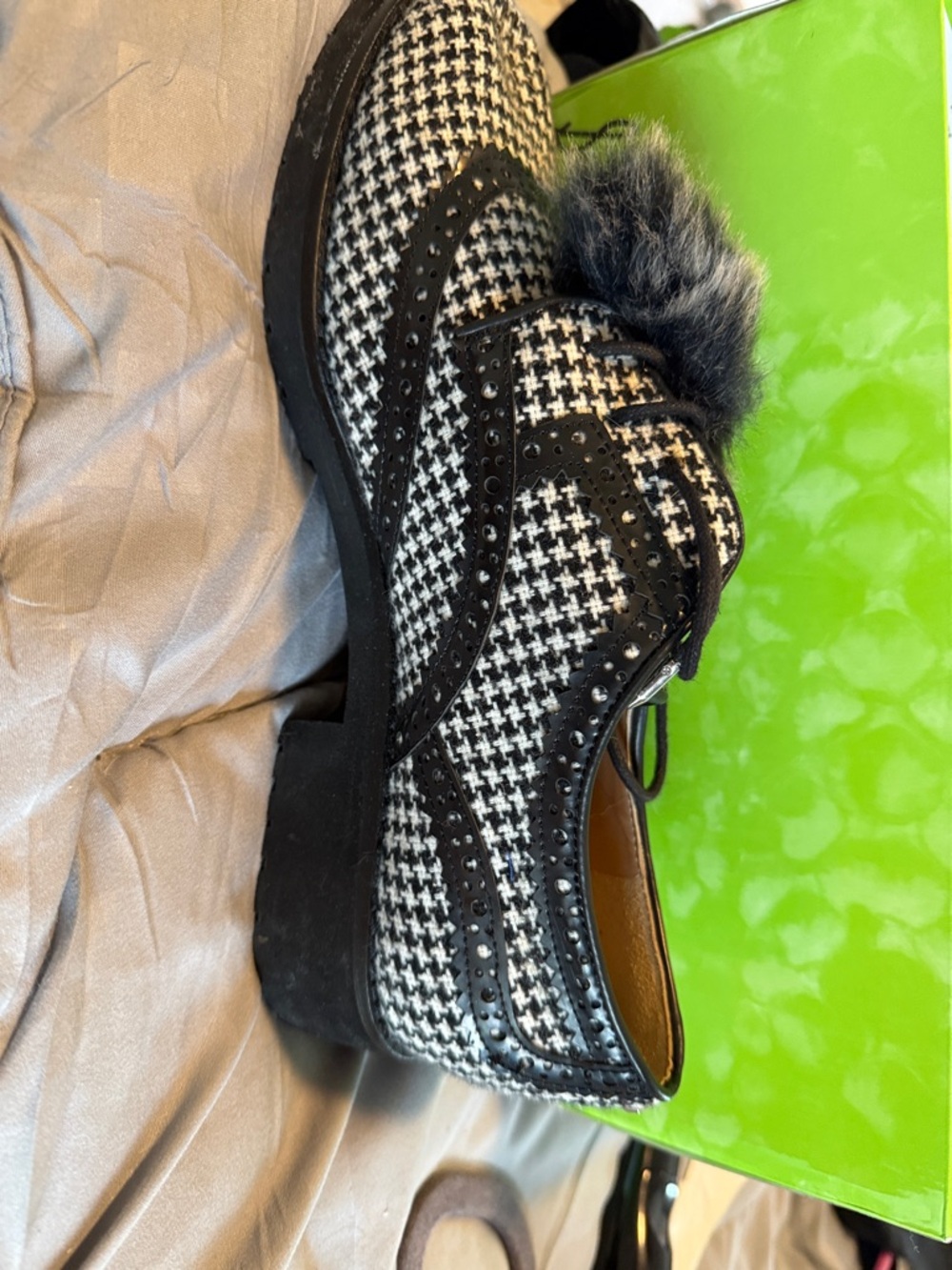 Sam Edelman Black and White Houndstooth Brogue Loafers with Faux-Fur Accent